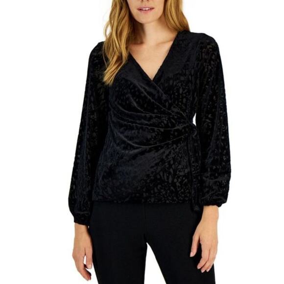 Alfani Black Velvet Burnout Surplice Wrap Top long sleeve solid stretch XLp - Picture 3 of 7